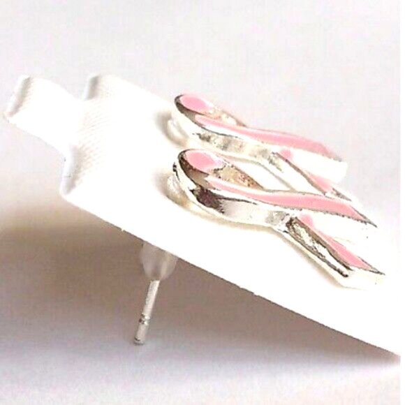 Pink Ribbon Earrings Breast Cancer Awareness Month Post Stud Silver Plated - Picture 4 of 6